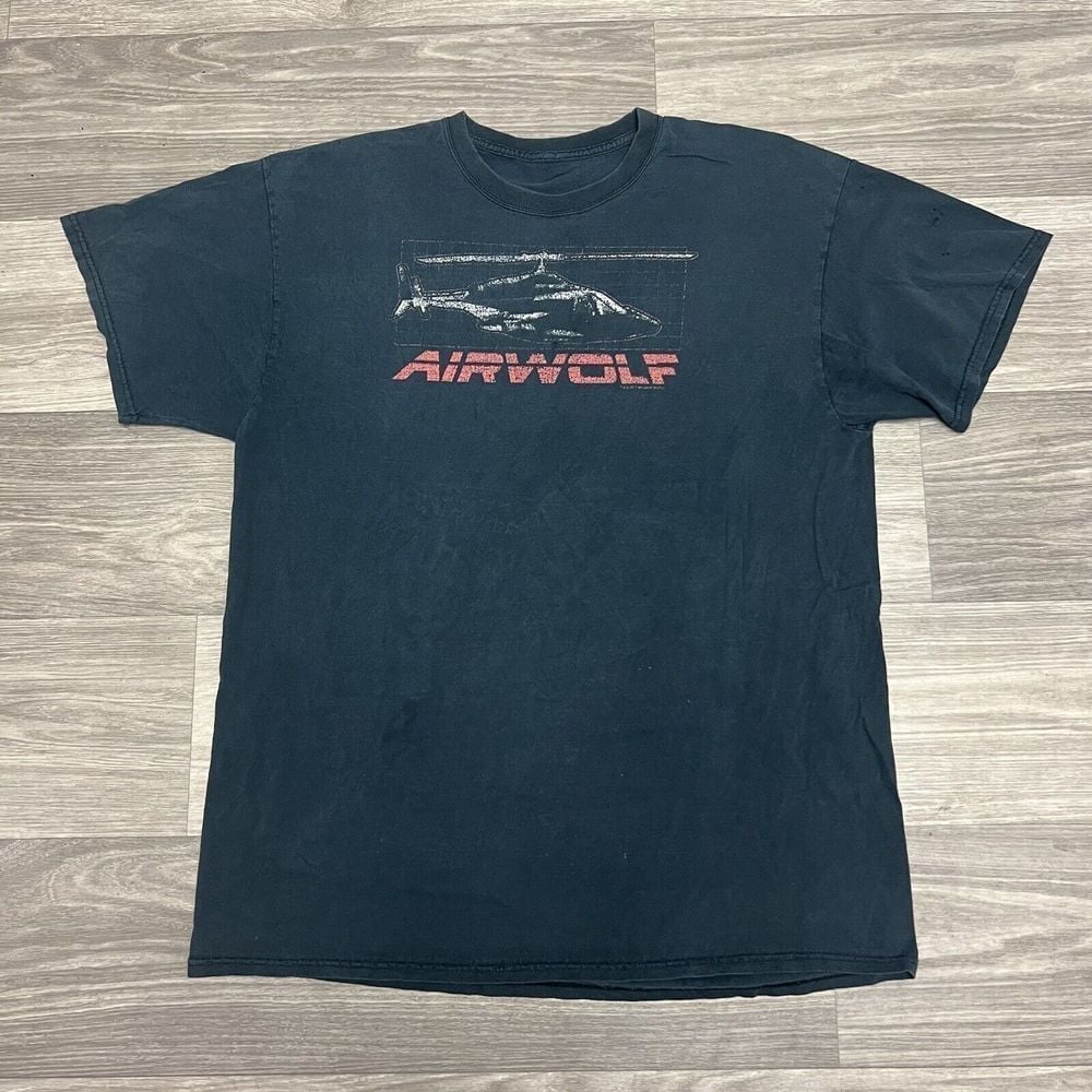 Vintage Airwolf Helicopter T Shirt Mens Large Black Faded Movie Pormo 80s 90s
