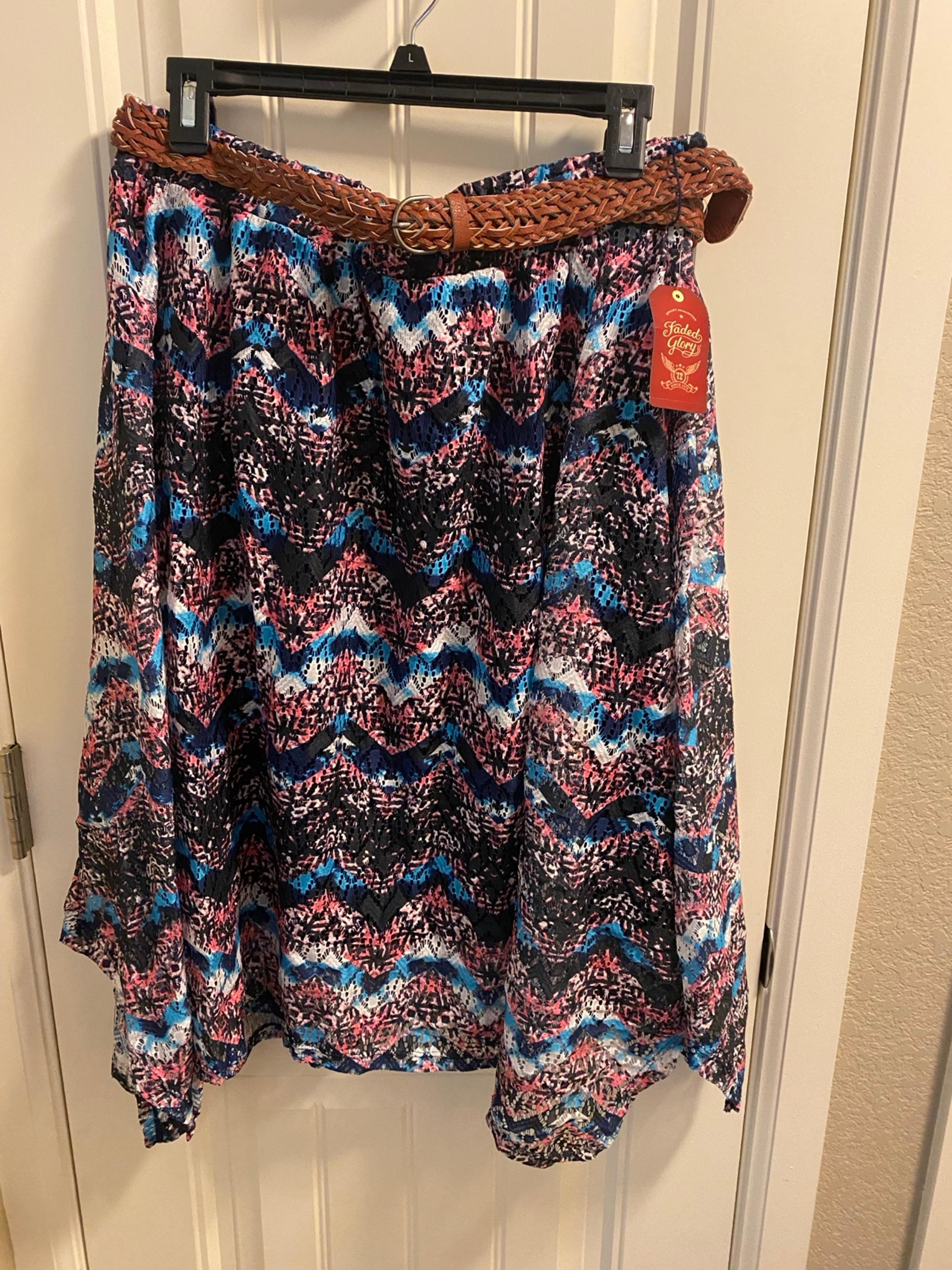 NWT Faded Glory Skirt Large 12 14 Elastic Waist Lace Lined L Lg Belt Colorful