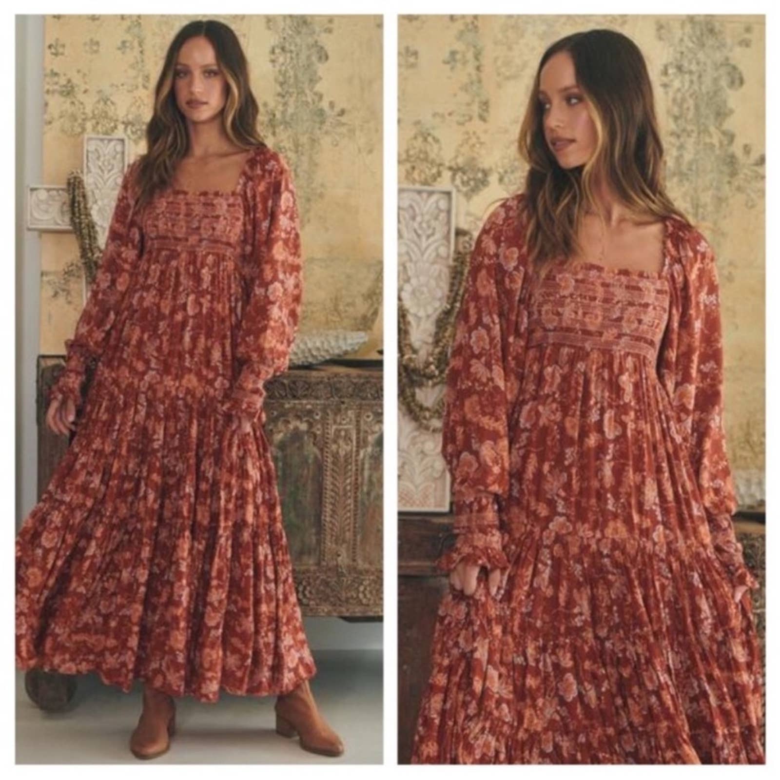 NWT Free People Sweet Escape Floral Midi Dress in Mocha Combo