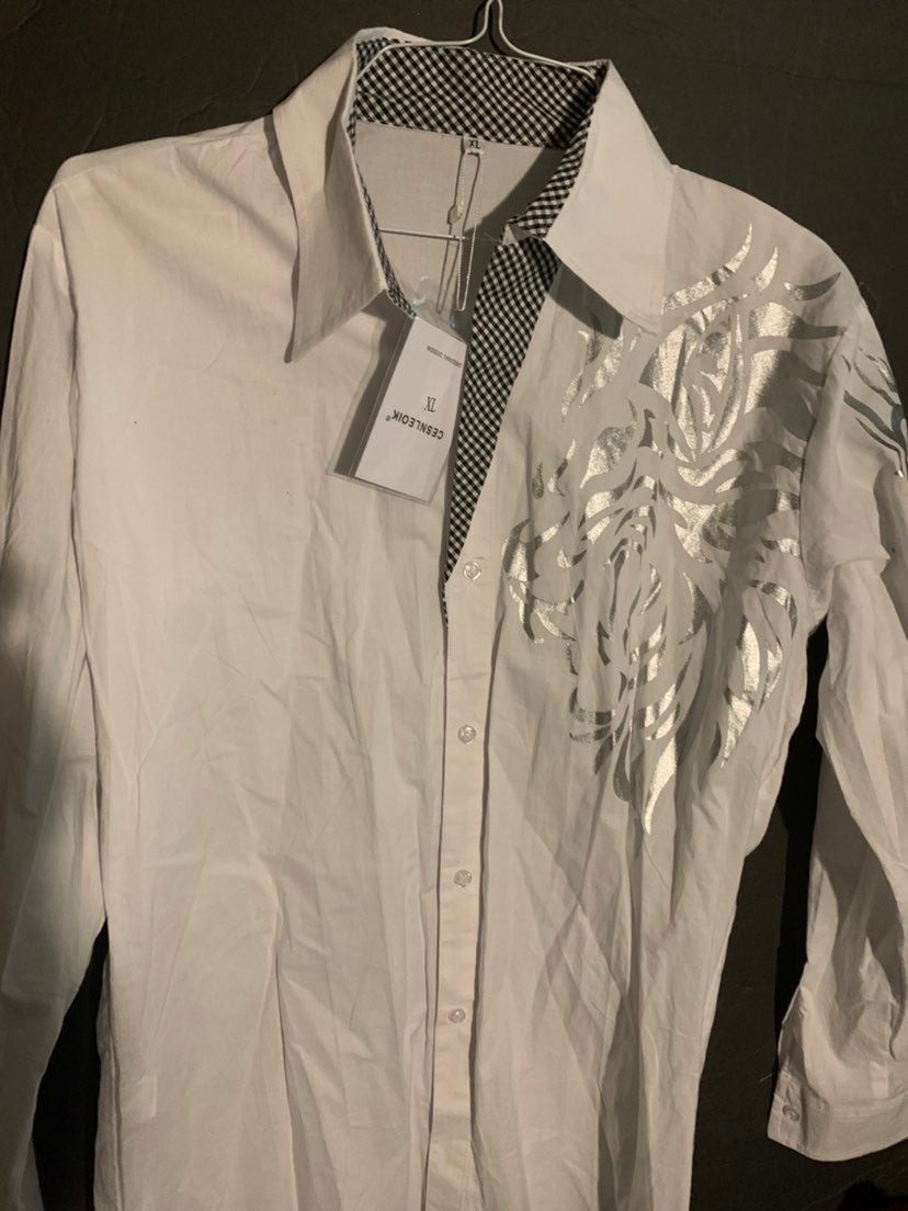 Cesnleoik European L/S Button Down White w/ Silver Linen Men’s Party Dress Shirt