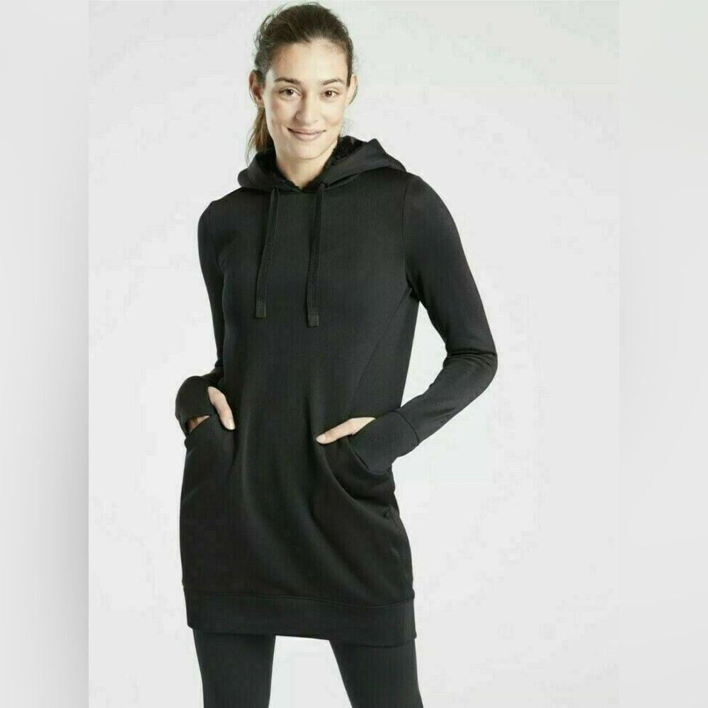 Athleta Women's Triumph Luxe Shine Hoodie Dress Black- Size XS
