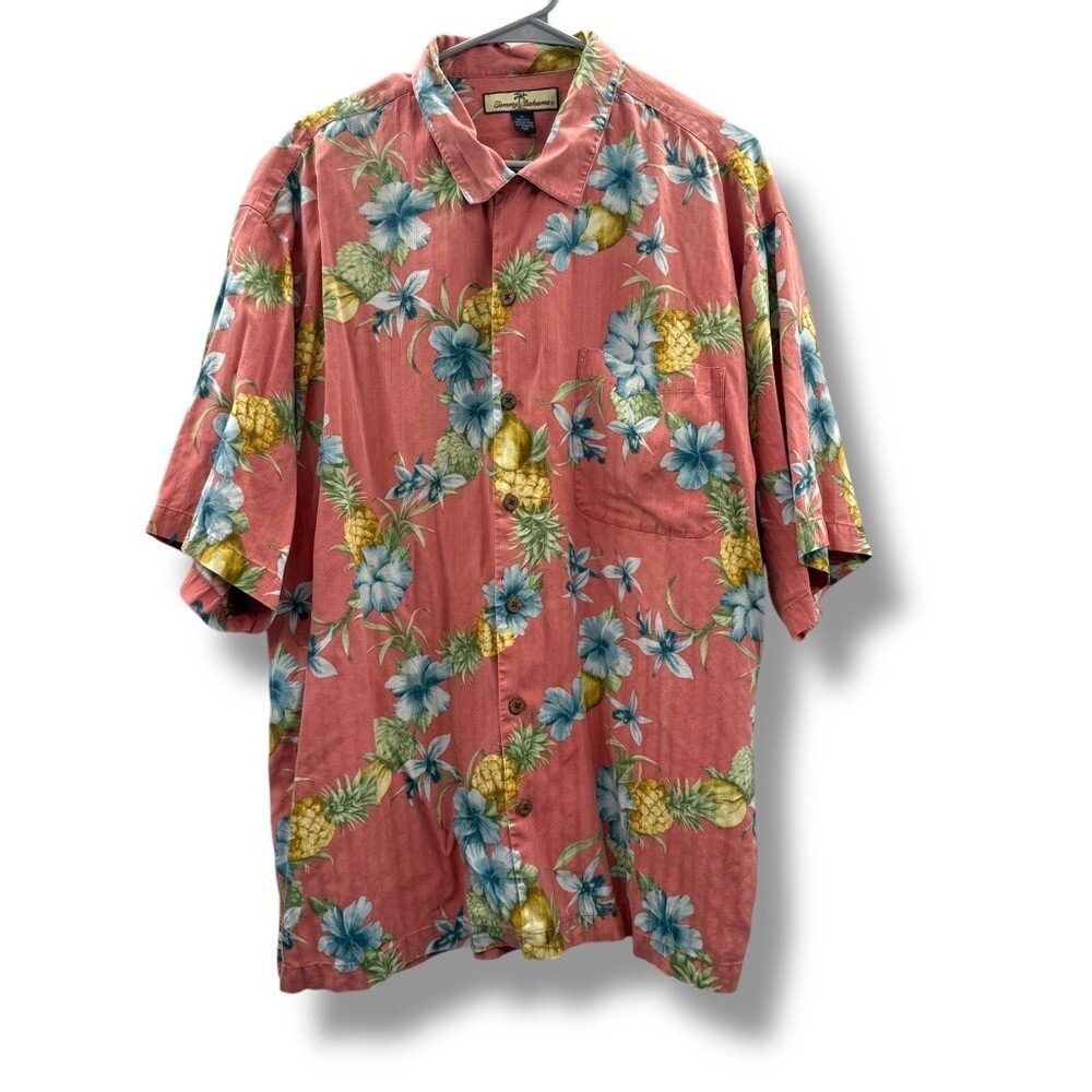Tommy Bahama 100% Silk Coral Pink Hawaiian Floral Button Down Shirt Sz XL