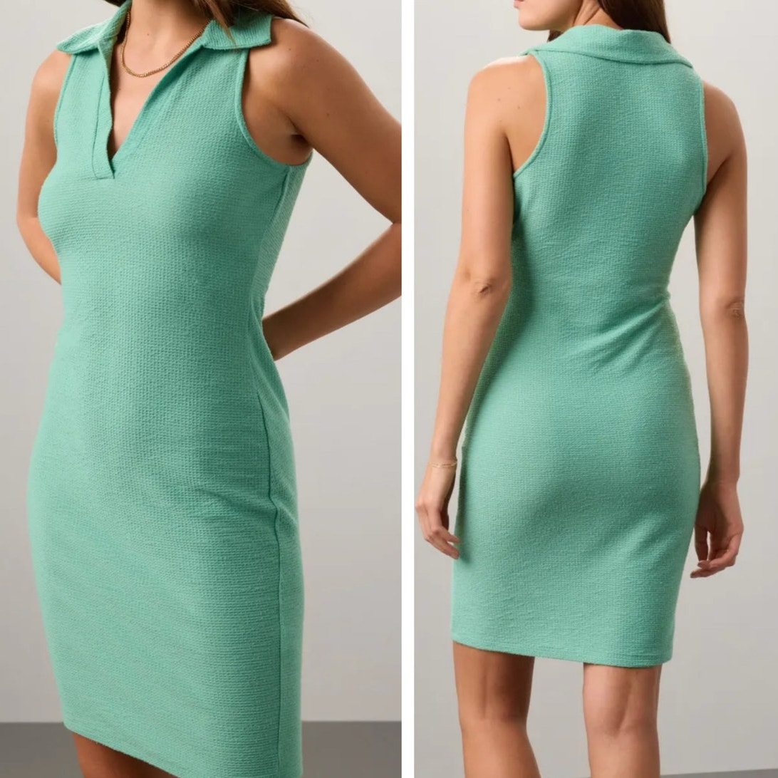 Louna Ribbed Dress MEDIUM Collared Sheath Mini V-Neck Green Preppy Minimalist