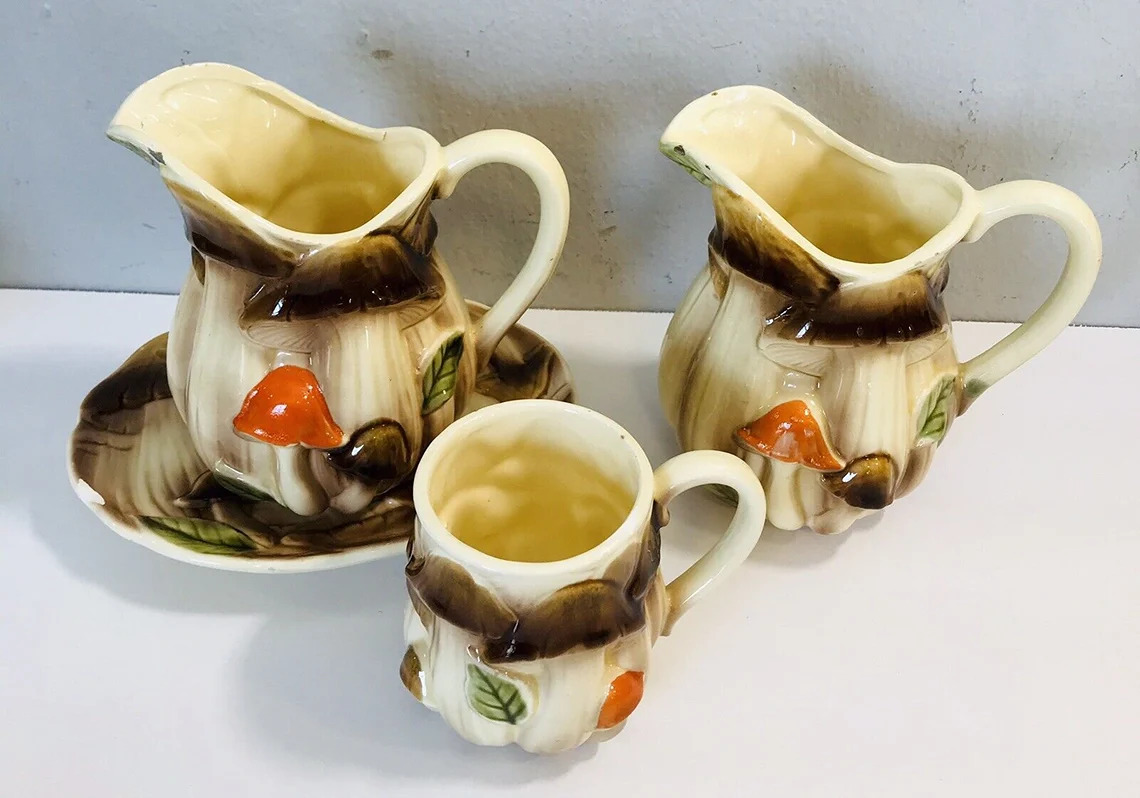 Vintage Homco 1104, 1413, Mushroom Pitcher, Plate and Cup