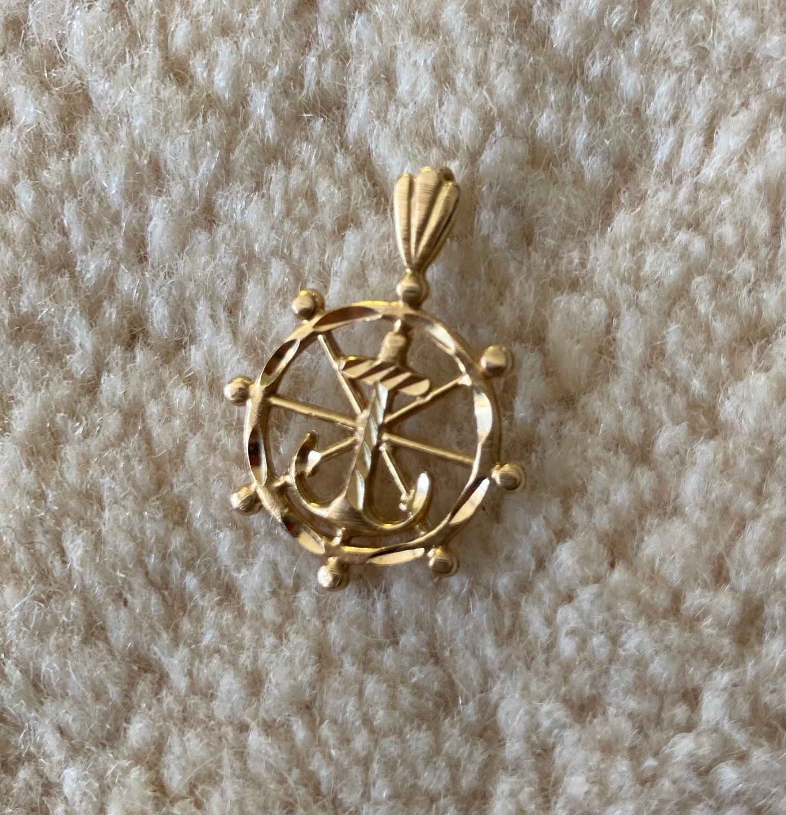 14k Vintage Yellow Gold Ship's Anchor Helm Pendant Sailing Wheel Charm Cross