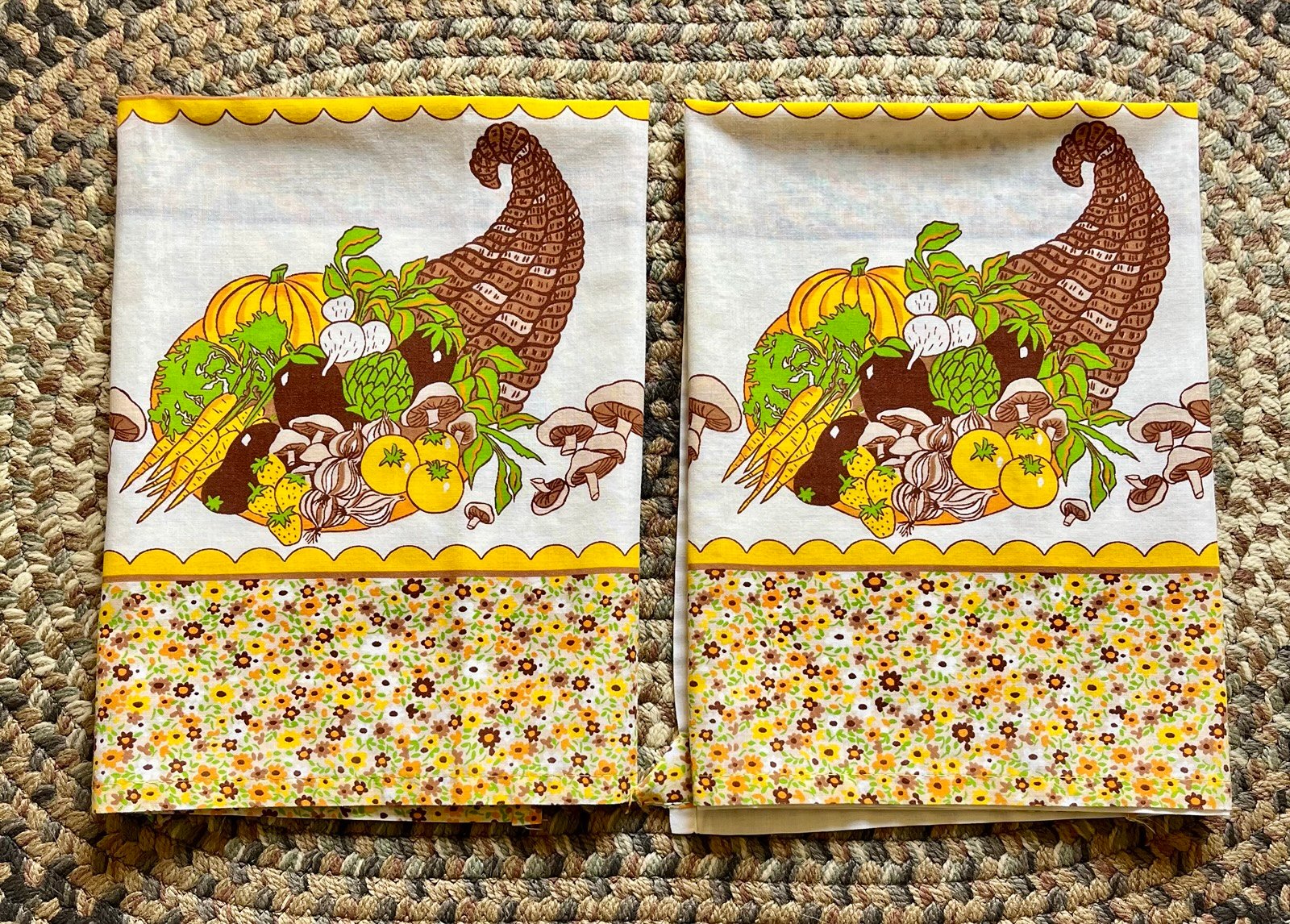 Vintage 70s Handmade Vegetable Mushroom Cornucopia Harvest Kitchen Curtains