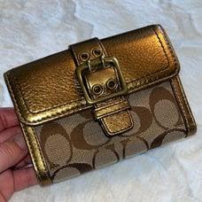 Coach Signature Buckle Monogrammed Canvas & Metallic Gold Leather Trifold Wallet
