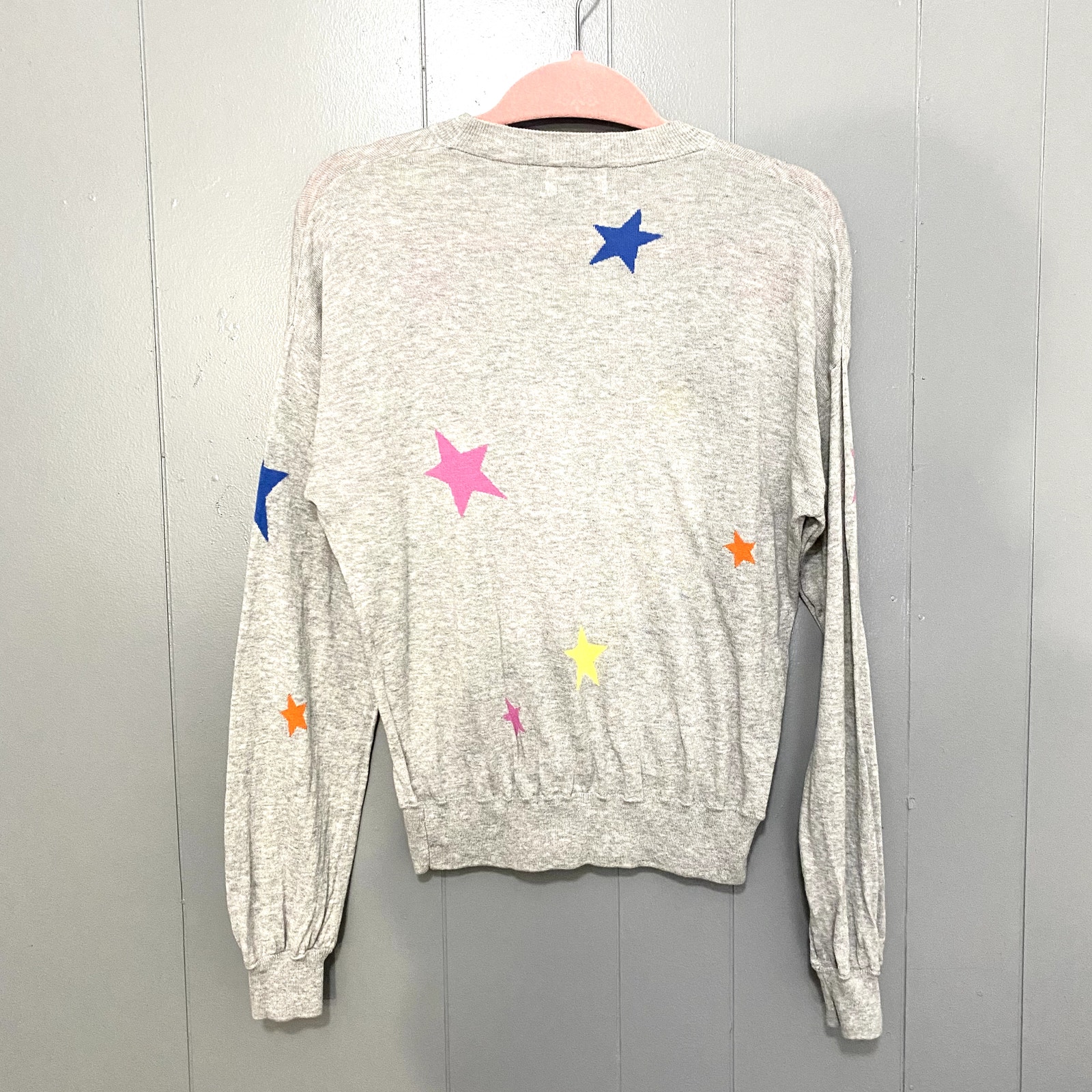 27 Miles Malibu Gray Colorful Stars Cotton Lightweight Crewneck Sweater S Crewneck