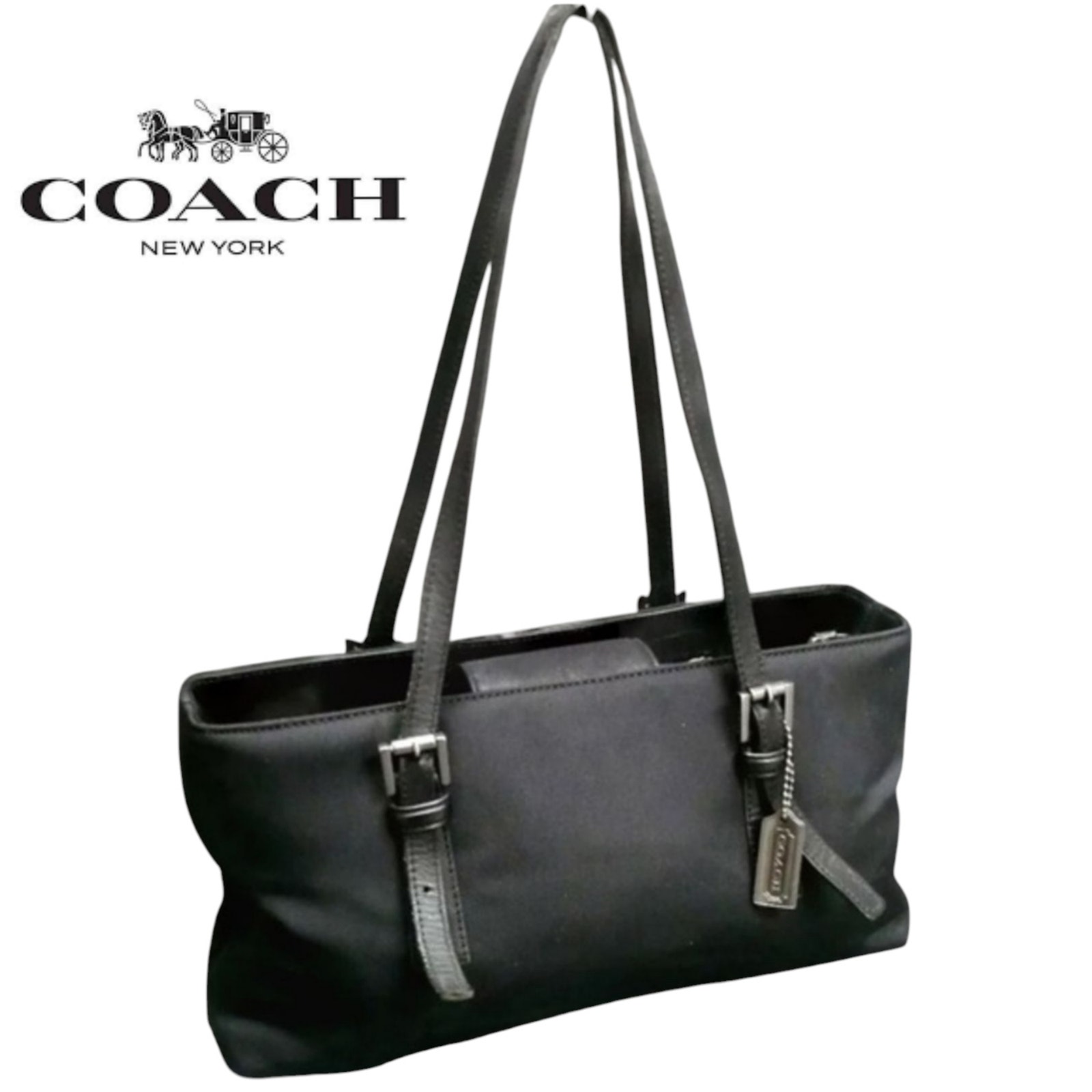 COACH BLACK NYLON TOTE LEATHER TRIM STRAPS PRE-OWNED EXCELLENT CONDITION SEE PIC