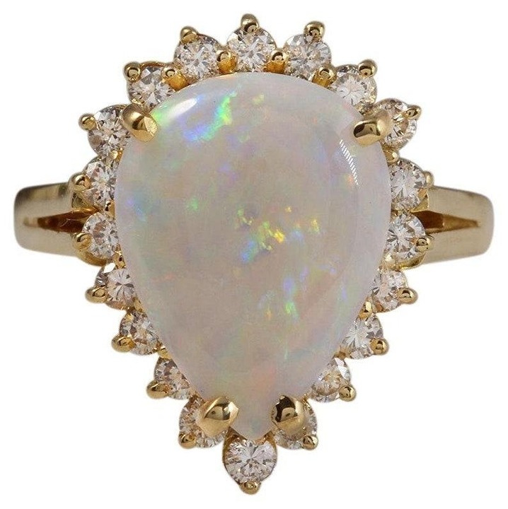 3.85Ct Natural Pear Fire Opal & Diamond Halo Solitaire Ring 14k Yellow Gold