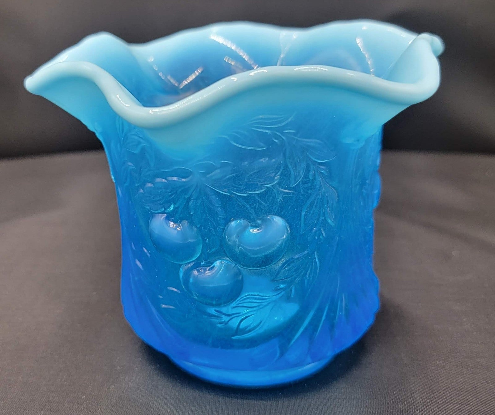 Vintage Fenton Glass Blue Opalescent Cherry Ruffled Dish Vase 3 3/4