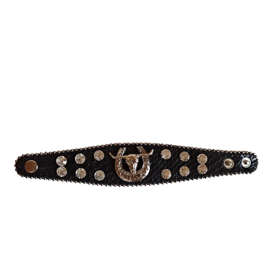 Black Crystal Cuff Bracelet Leather Cowgirl Horseshoe Steer 7.5 - 8.5 Western