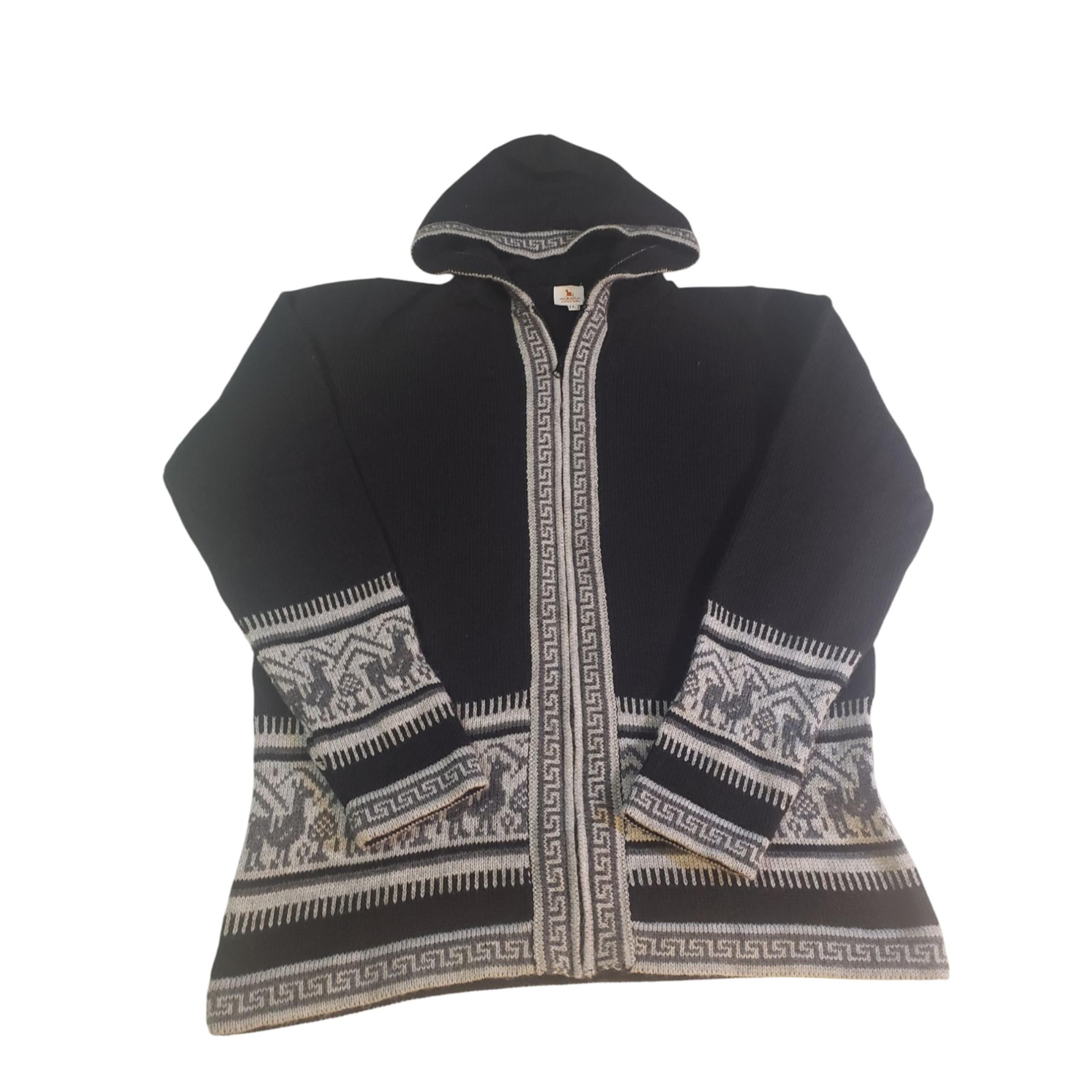 Alpaca Warehouse Full Zip Hooded Sweater Womens L Black White Cable Knit Ethnic