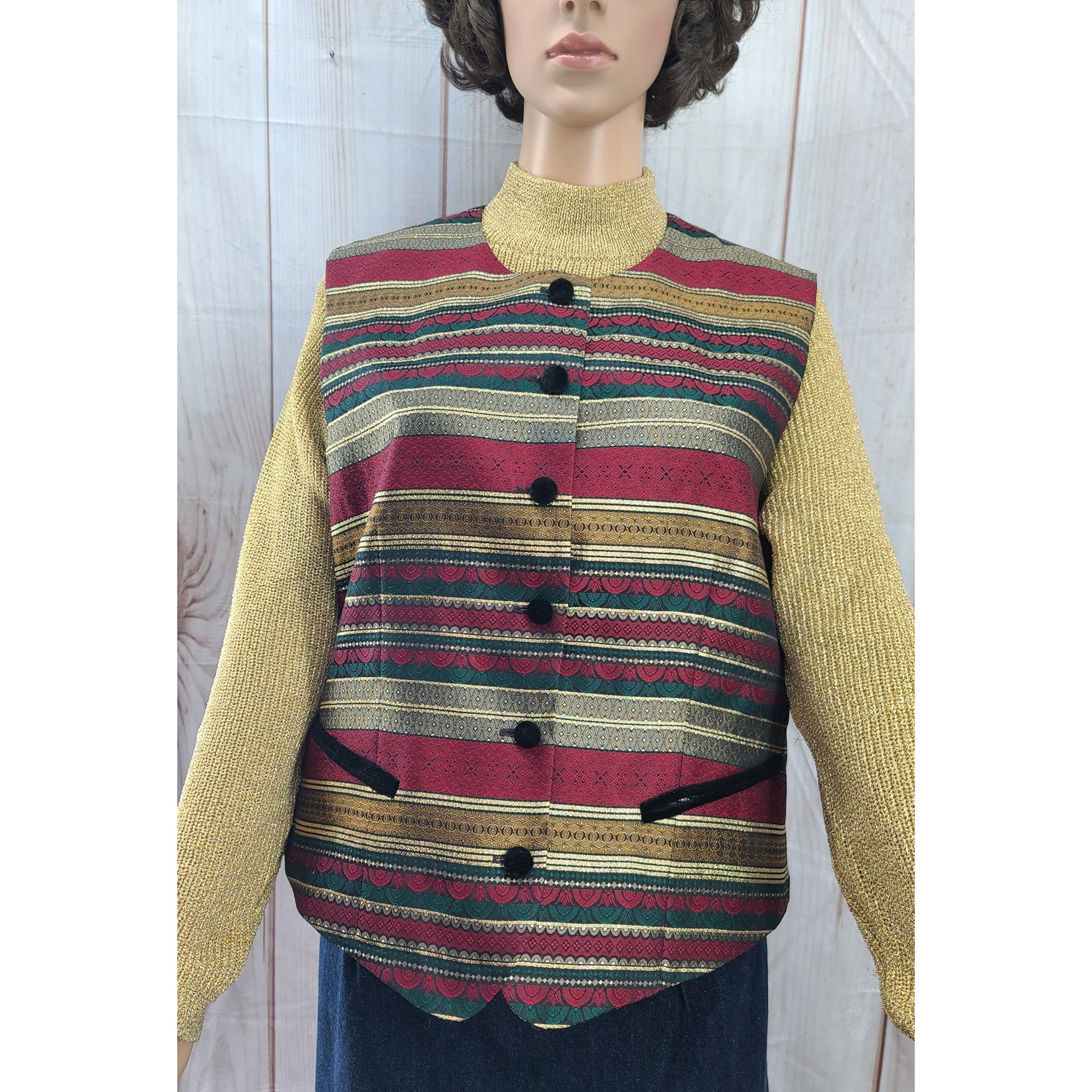 David Brooks Women 12 Metallic Striped Button Up Vest Blk Velvet Buttons / Trim