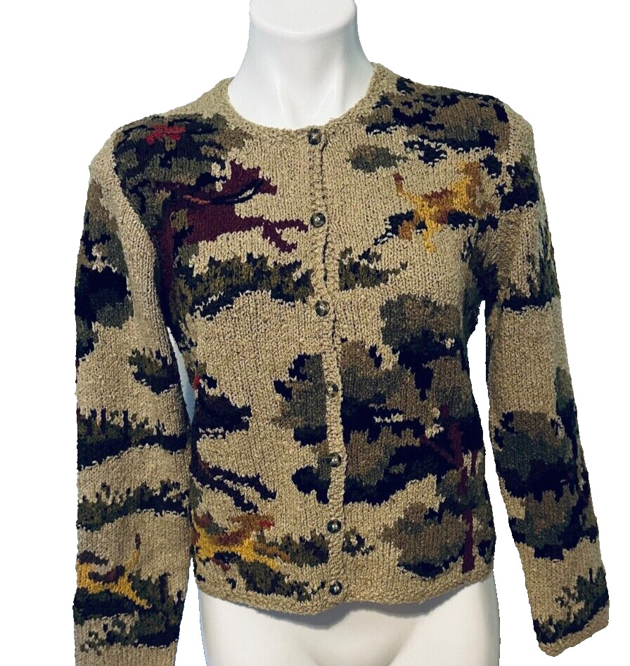Vintage David Brooks Women Sweater Fox Hunt Horse Dog Knit Medium Button Up 1990