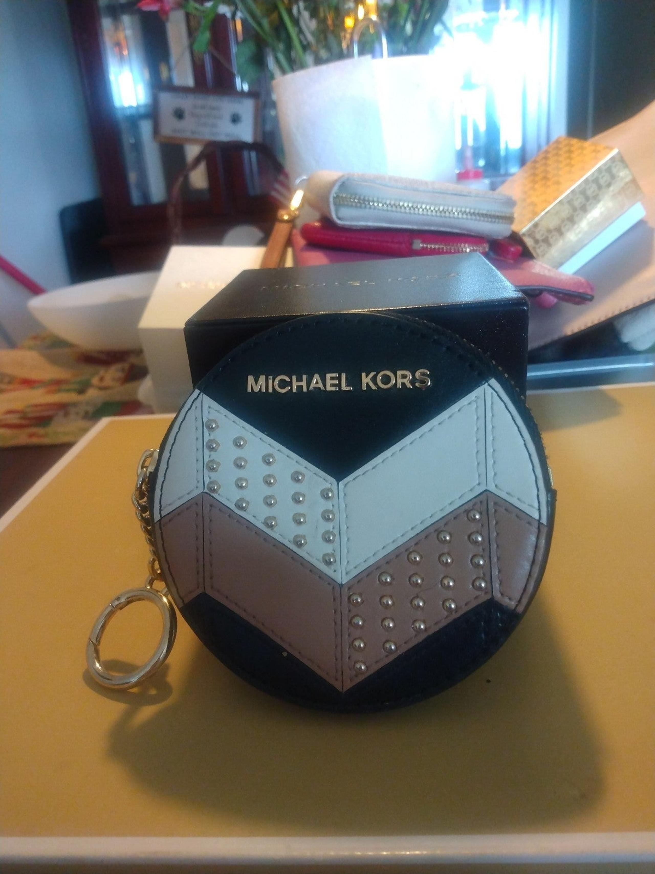 Michael Kors Black Tan Cream Studded Coin Purse New