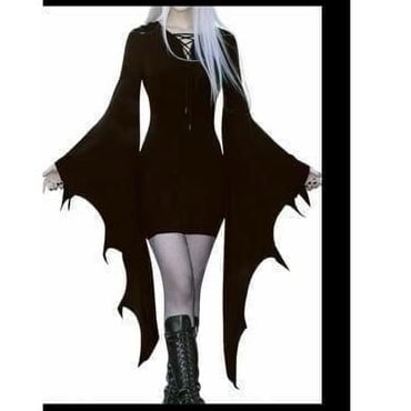 Solid, black body con dress with bat wing sleeves lace up chest. Very sexy and u