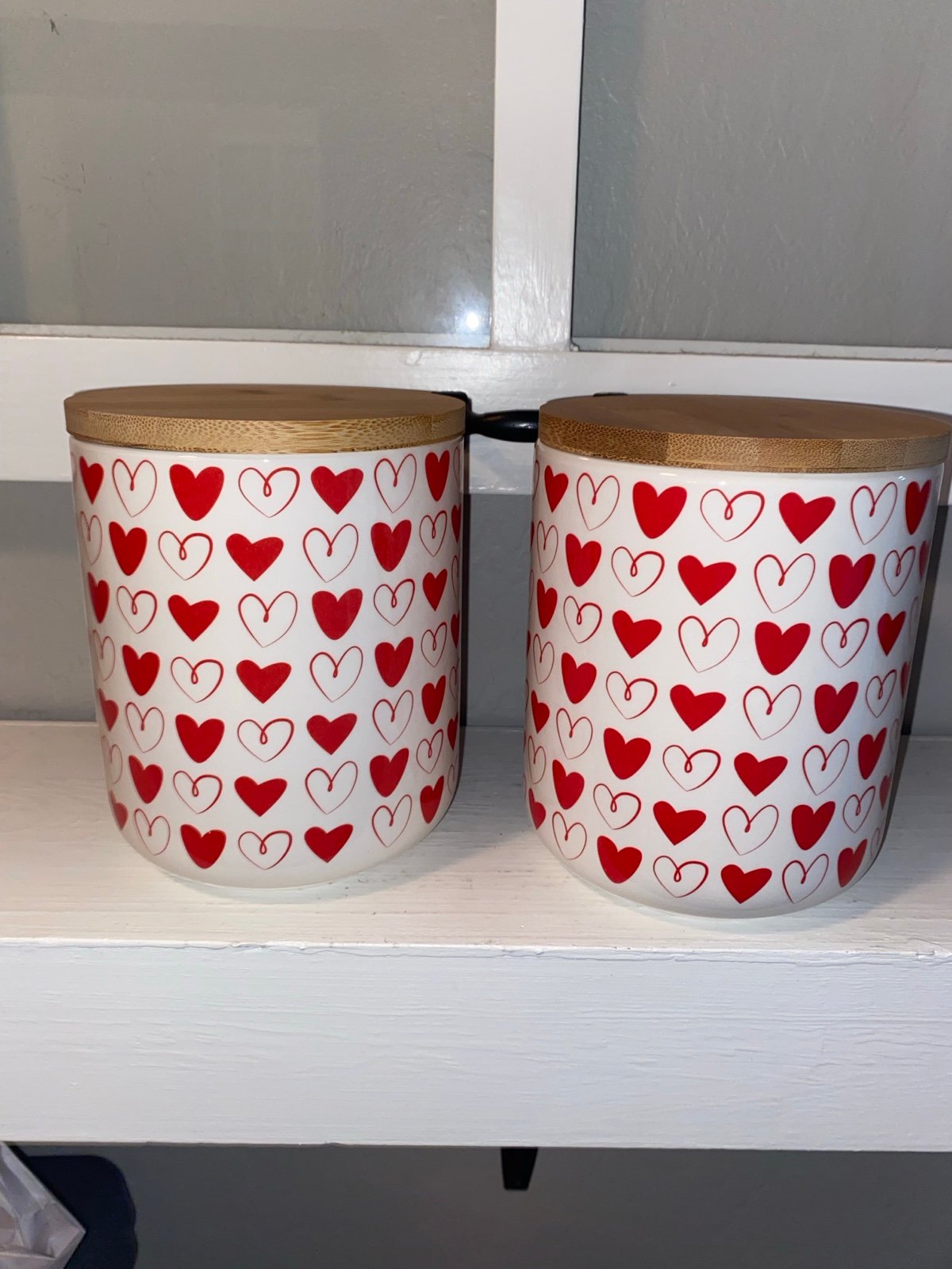 Valentines Ceramic Jars Red/White Hearts 35.5oz X2