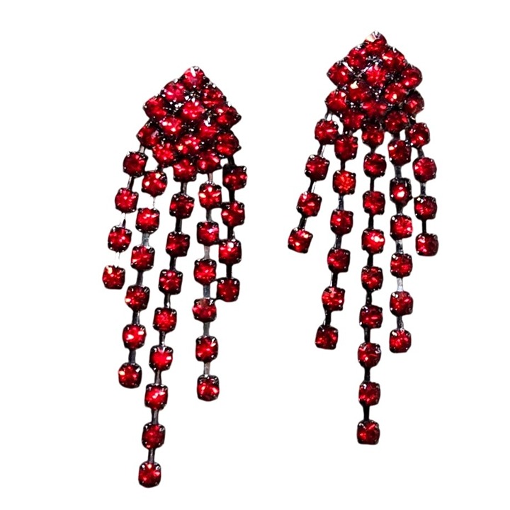 VTG Red Fringe Statement chandelier Earrings 1950s Old Hollywood Glamour Jewelry