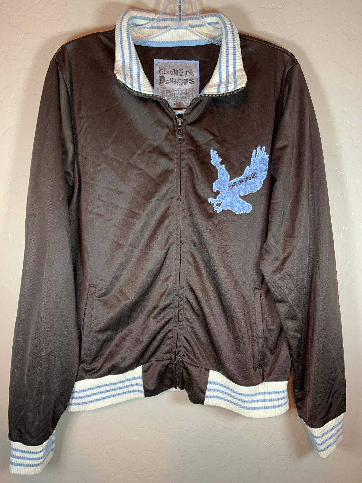 Troy Lee Designs Letterman Satin Bomber Jacket XL brown light blue trim 0852
