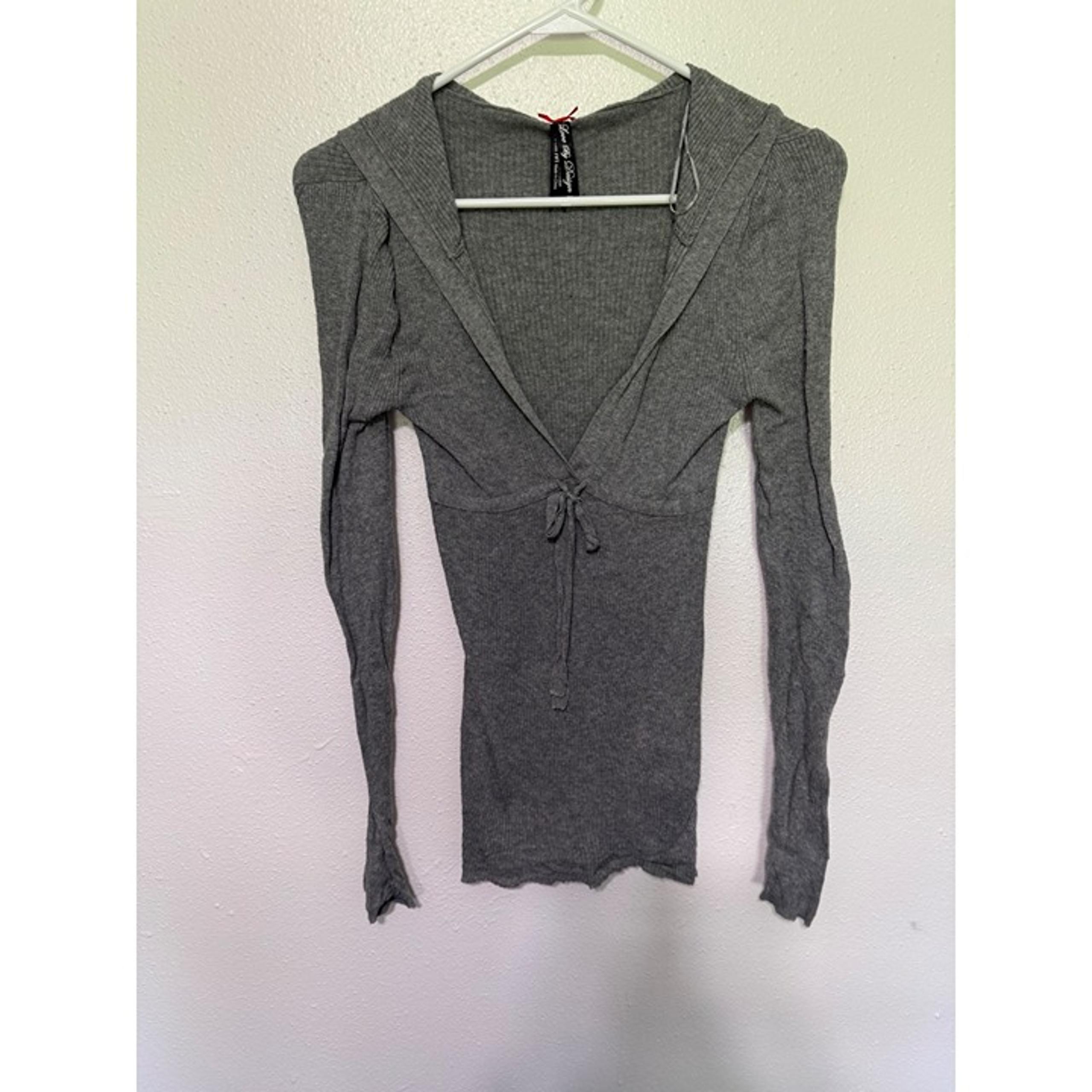Love By Design Sweater Hooded Gray Ribbed with Tie Waist Womans S/M