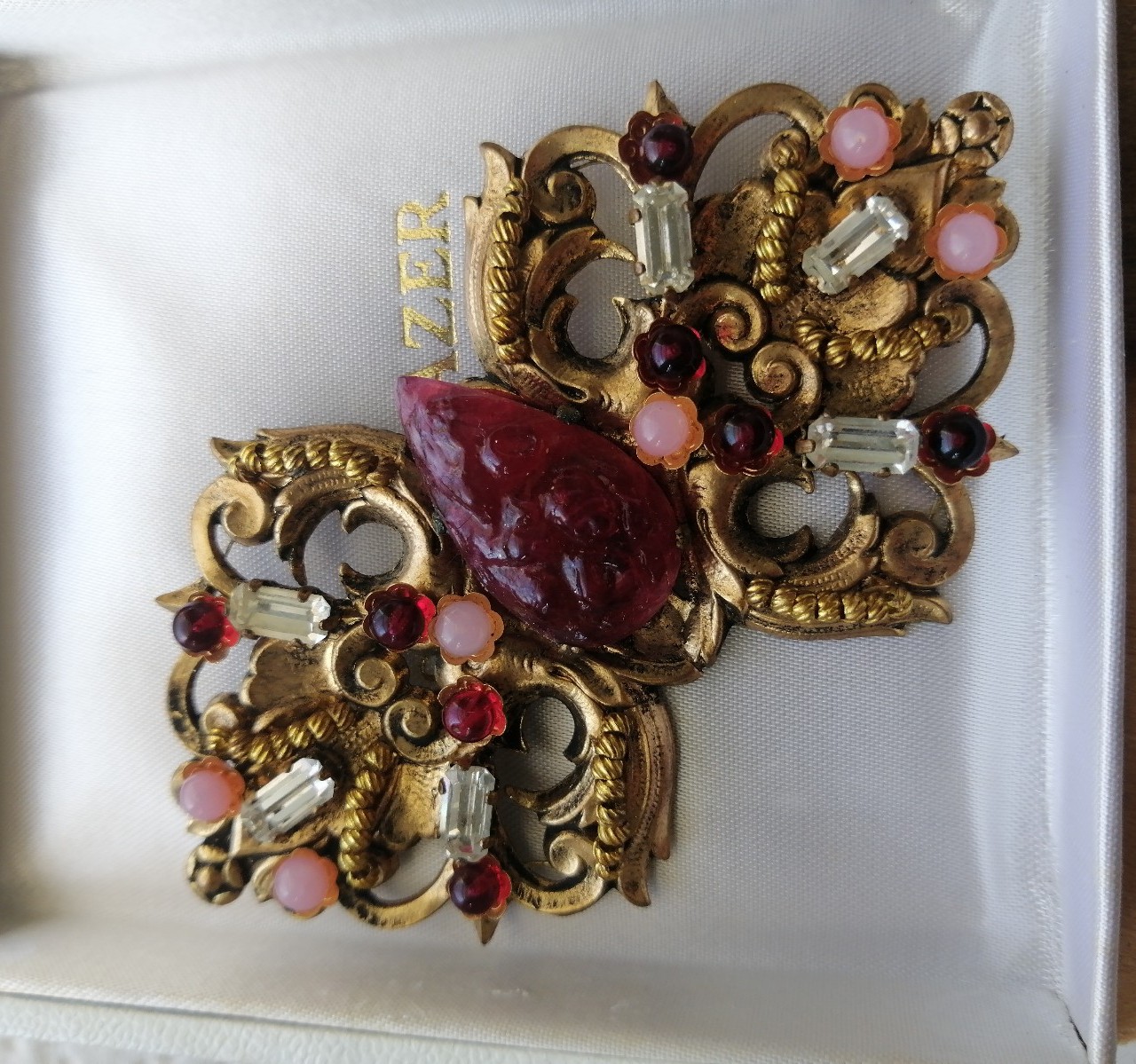Antique Vintage 14k gold over Red Ruby Rhinestone Brooch 3.8