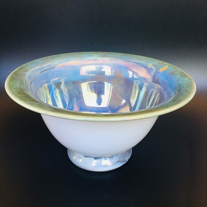Blue Green Iridescent Swirl Art Glass Bowl SIGNED