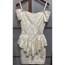 Gunne Sax Jessica McClintock Vintage 80s Ivory Brocade Off Shoulder Peplum Dress