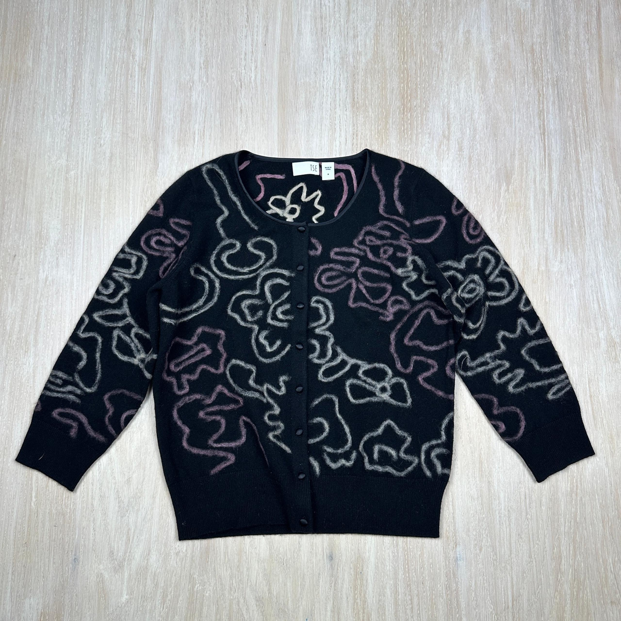 TSE Black 100% Cashmere Abstract Art to Wear Soft Knit Cardigan Sweater Medium