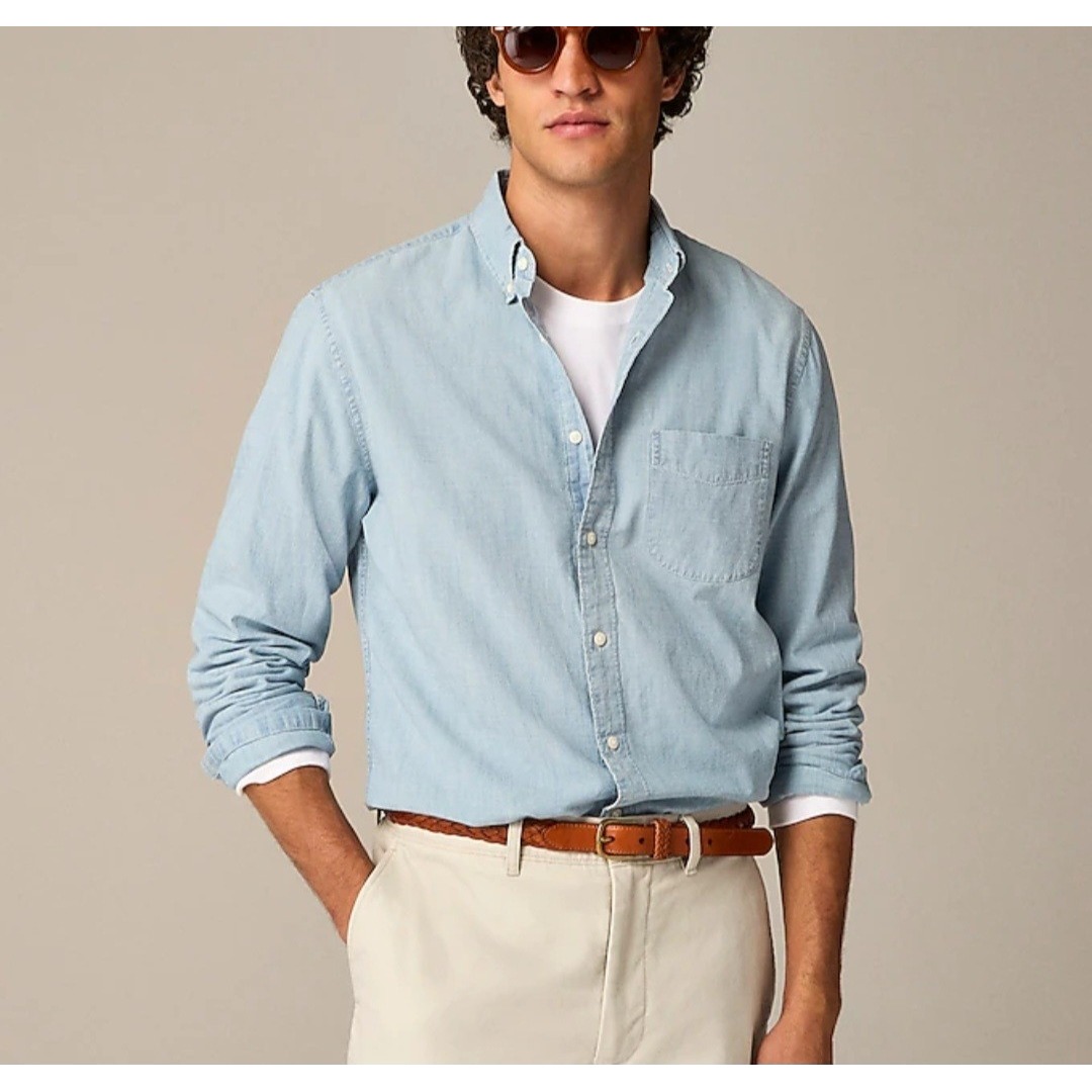 J.Crew Slim Organic Cotton Chambray Shirt Five Year Wash Mens Size Large NEW