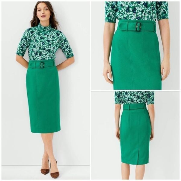 Ann Taylor Size 00P Green Belted Seamed Pencil Skirt