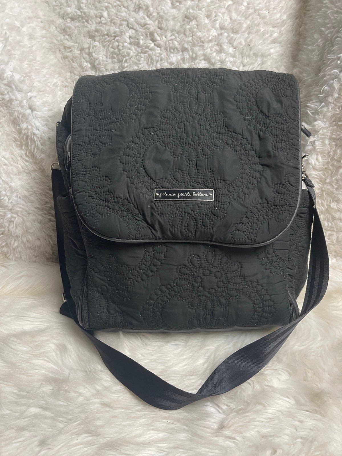 Petunia Pickle Bottom Fabric Quilted Black reversible backpack/shoulder diaper b