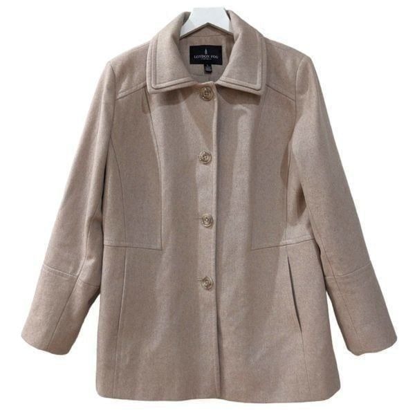 London Fog Women's Classic Wool Blend Short Coat Buttoned- Beige/Cream Size L