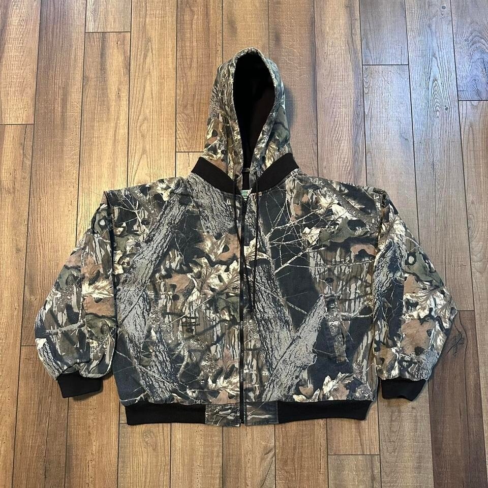 Vintage Ozark trail mossy oak camo bomber hooded coat jacket size XL