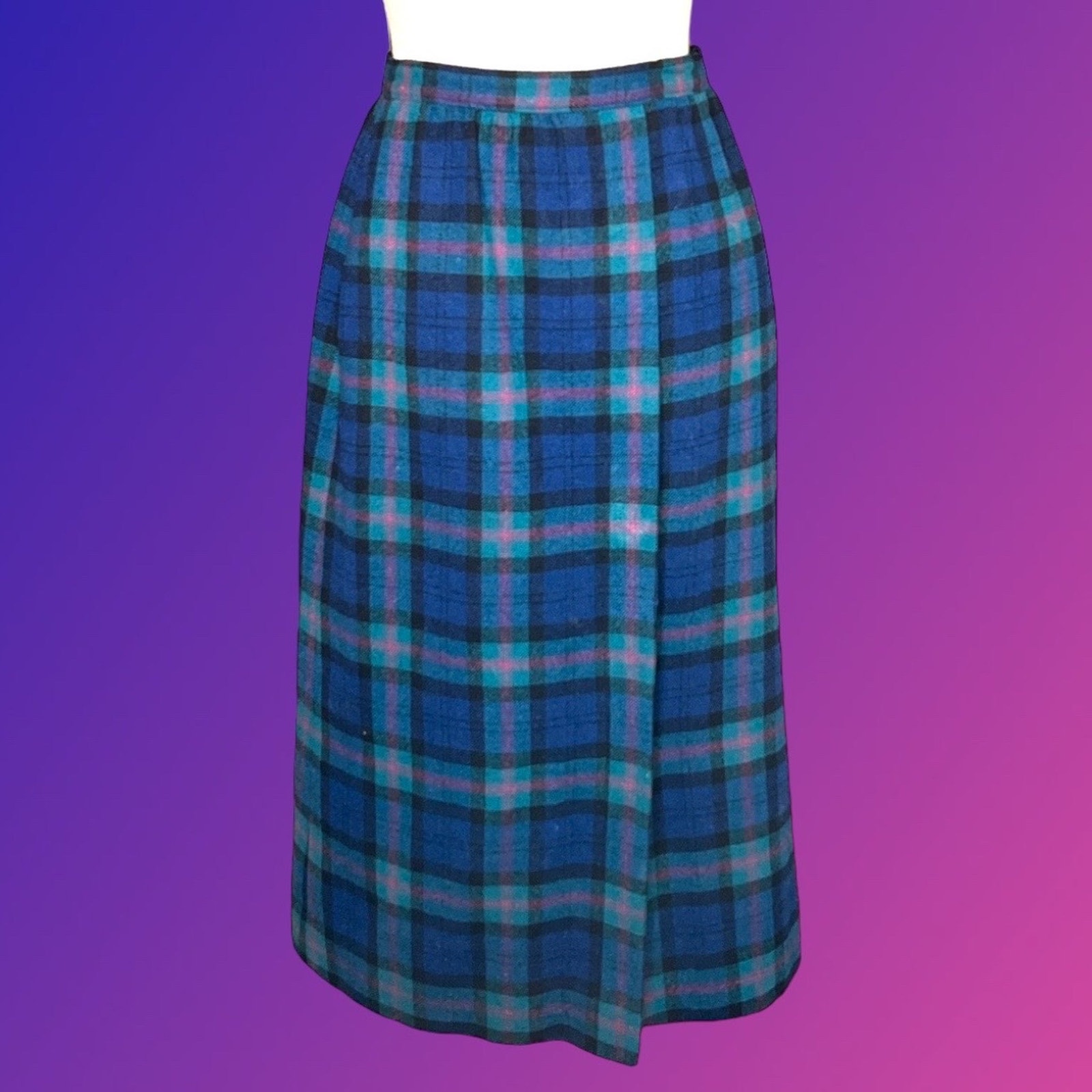 80’s Vintage Pendleton Pink Navy Blue Green Preppy Plaid Faux Wrap Wool Skirt