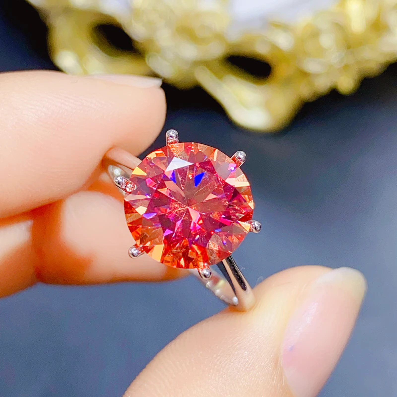 5 Carat Watermelon Red Moissanite Ring, 925 Sterling Silver Red Moissanite Ring