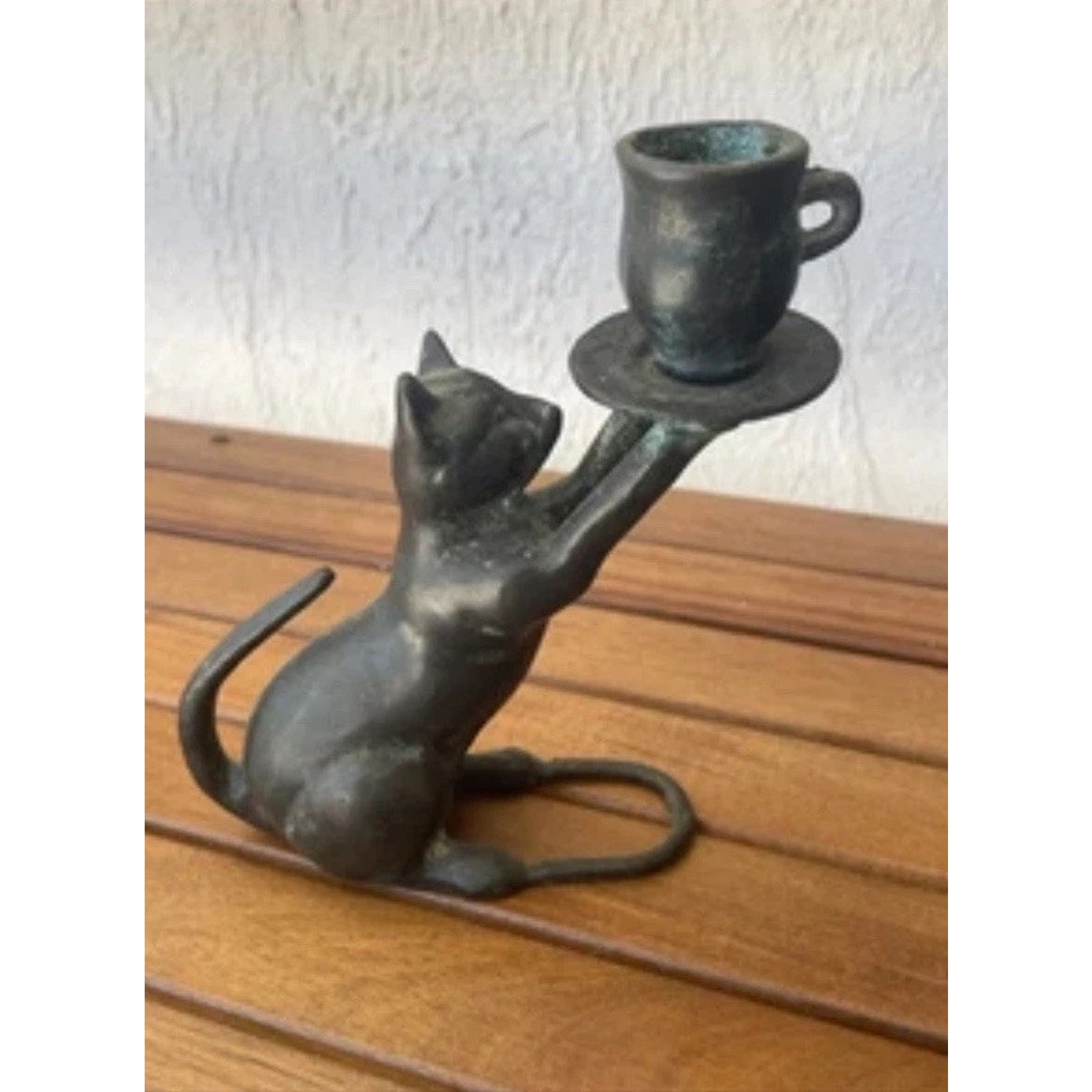 Vtg SPI Cat San Pacific Intl Cup Candle Holder Candlestick Bronze Metal Patina
