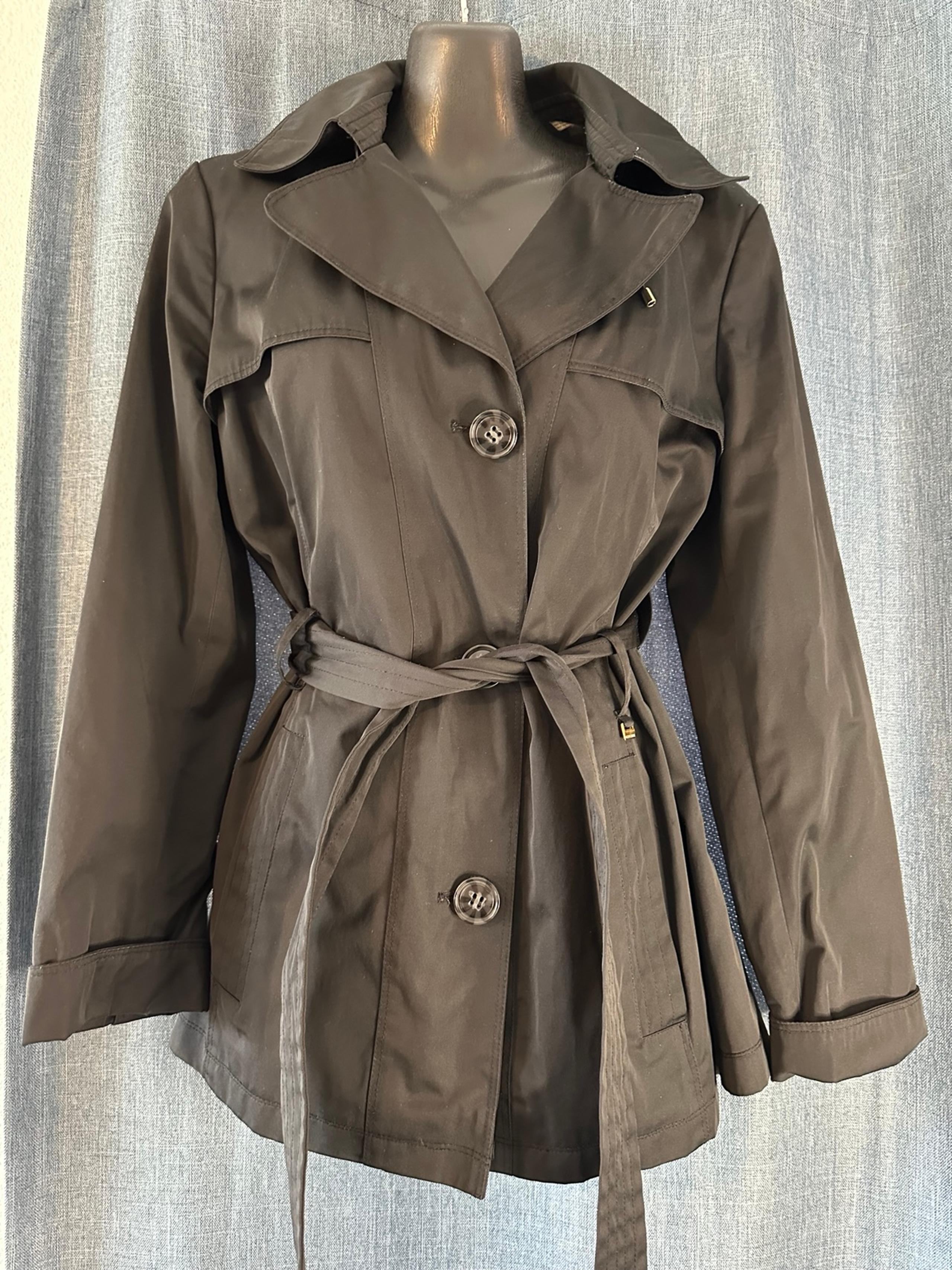 Ellen Tracy Hip Length Black Belted Hooded Trench Coat Women's SZ Small