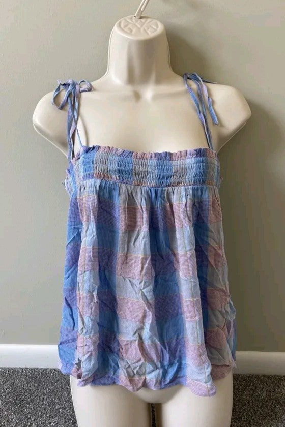 LOFT-Plaid Smocked Bow Strap Cami Top-L