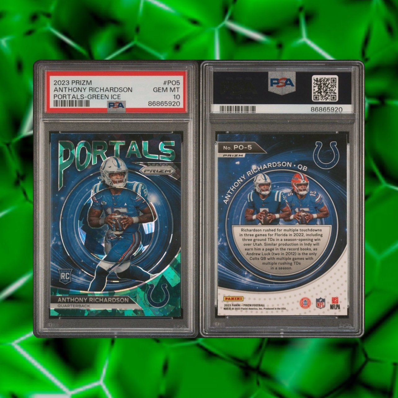 2023 Prizm Anthony Richardson Portals Green Cracked Ice RC Colts SP PSA 10