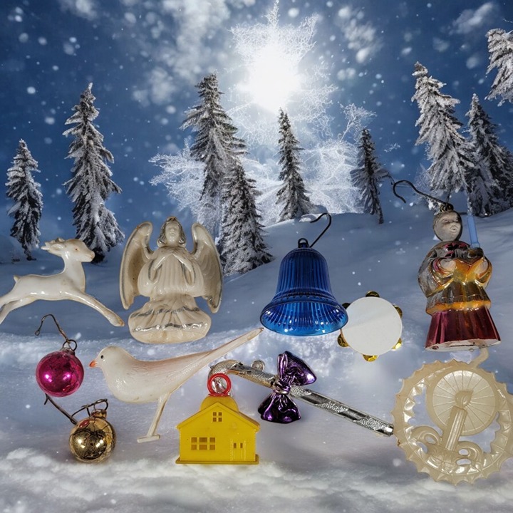 1950s MCM Christmas Ornament Lot Irwin Bradford Reindeer Bird Bell Angel House