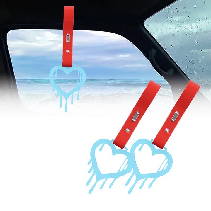 Brand New 2PCS Drip Heart Shaped Teal JDM TSURIKAWA Handle Red Strap Charm Drift