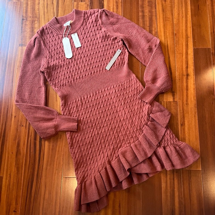 New NWT Anthropologie Flat White Sweater Dress Clay Red Ruffle Hem Long Sleeve L