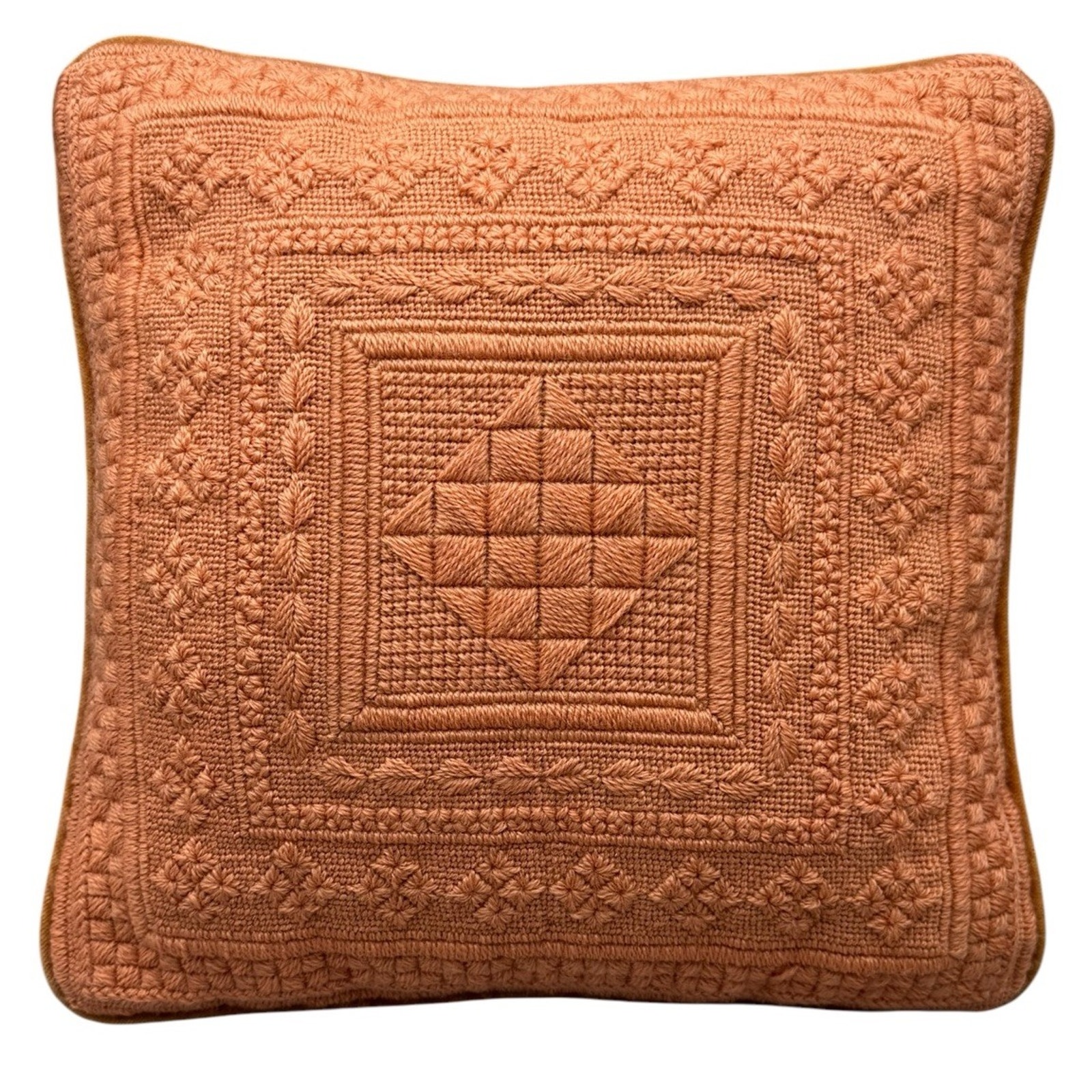 Vintage Peach Bargello Geometric Needlepoint Pillow 13 Square Coral Embroidered