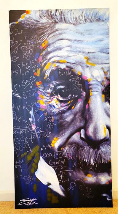 Albert Einstein Signed Canvas “It's All Relative” 27 x 54 by Stephen Fishwick