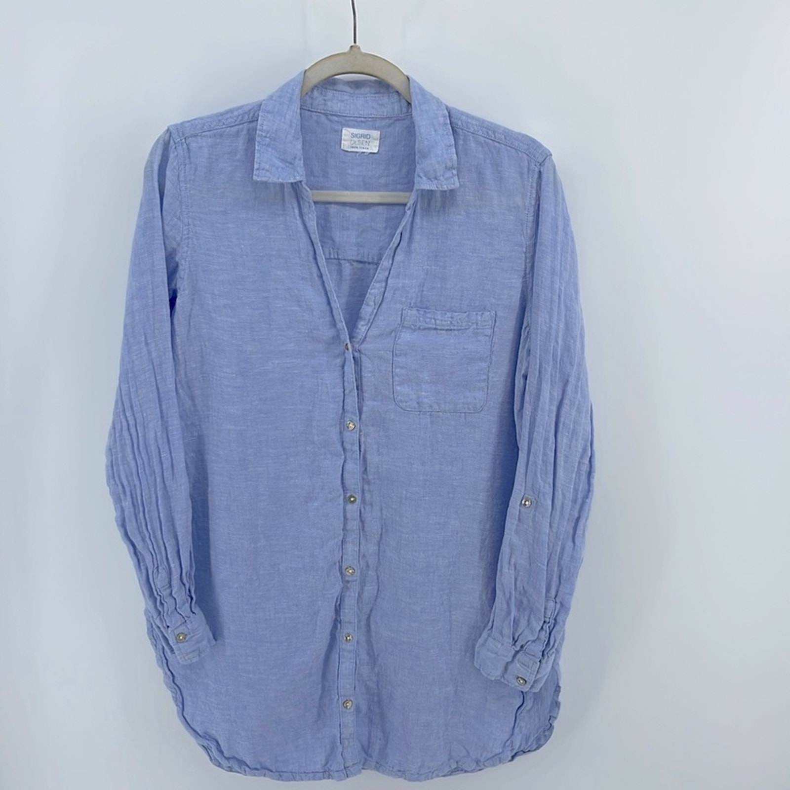 Sigrid Olsen 100% linen lagenlook long line button up long sleeve tunic shirt