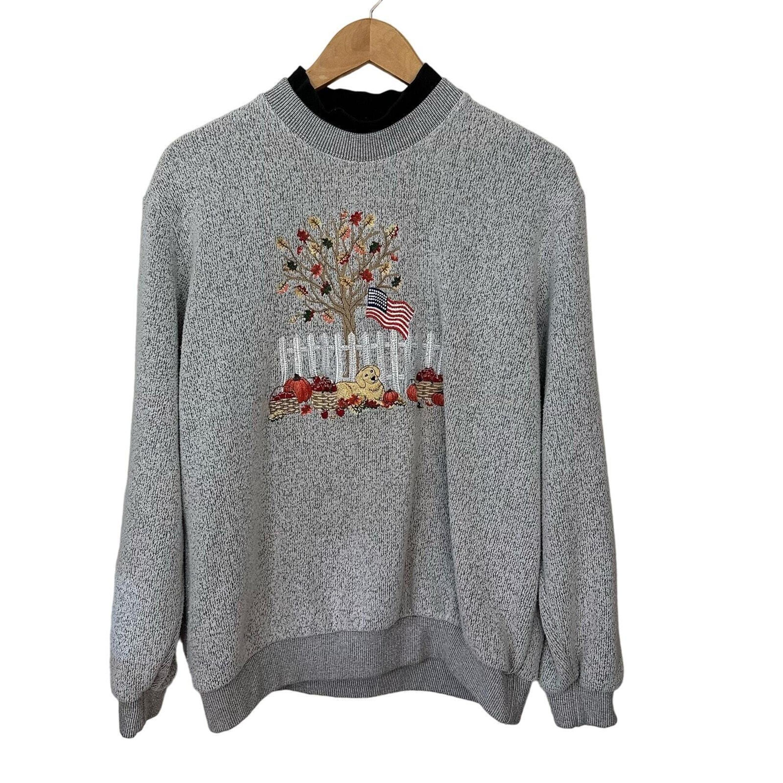 Vintage Bonworth Sweatshirt American Flag Tree Dog Pumpkins Womens Top Size L
