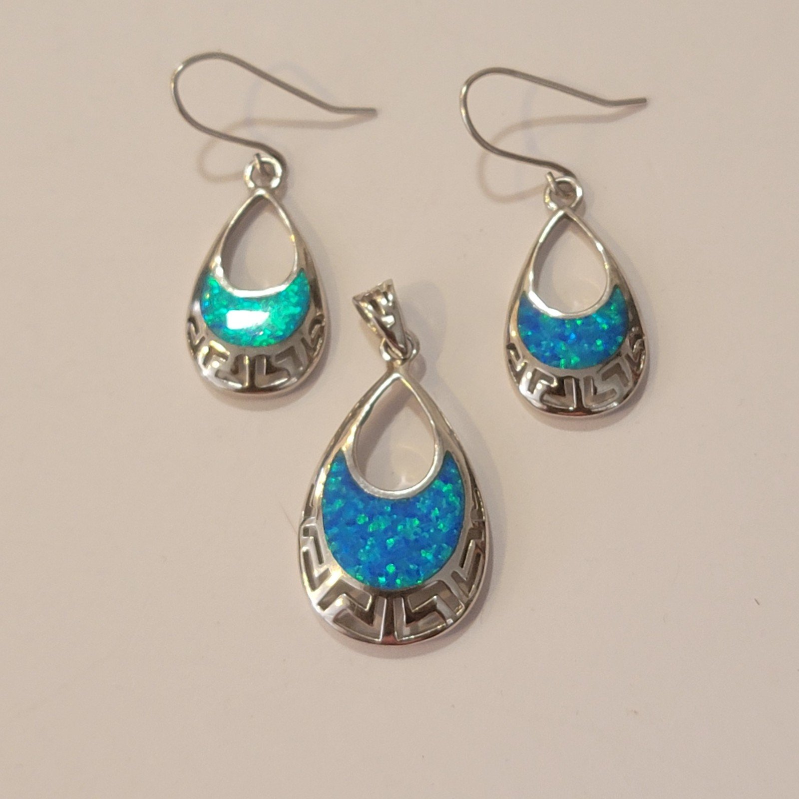 earringsSterling Silver Blue Opal Inlay Filigree Greek Key Teardrop Pendant And