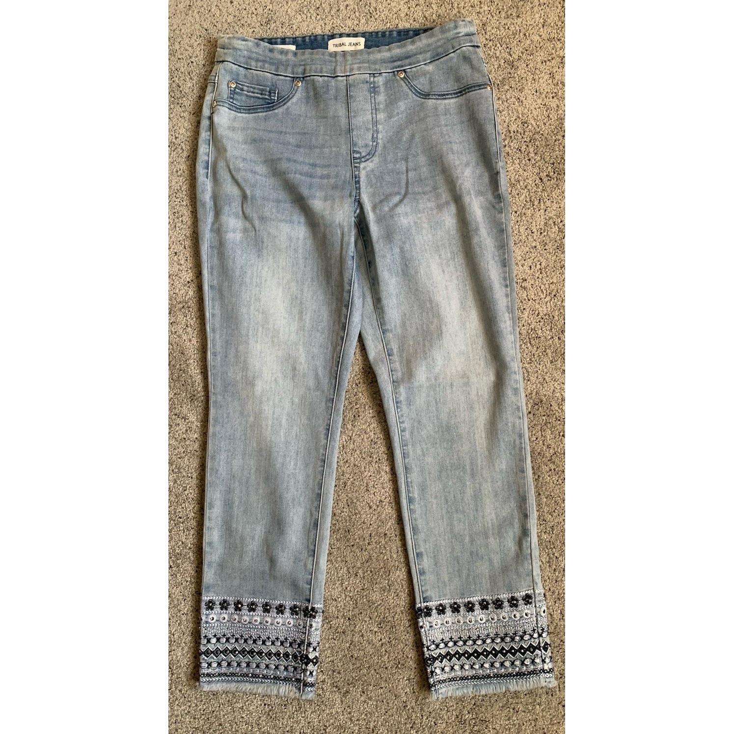Tribal AUDREY Womens Blue Jeans Mid Rise Slim Crop Rhinestone Embroidered 8