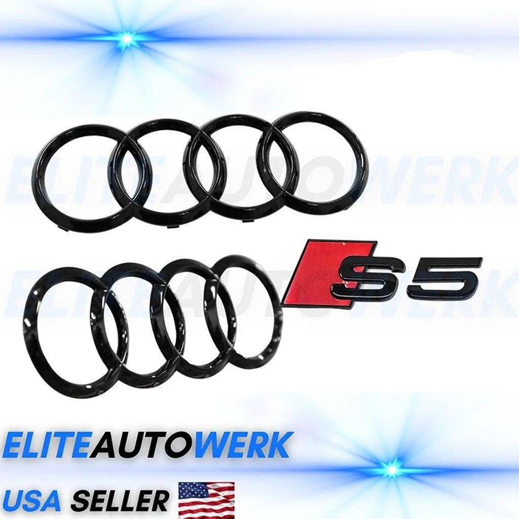 Audi S5 Sportback Front Rear Curve Rings Emblem Gloss Black Logo Badge Set